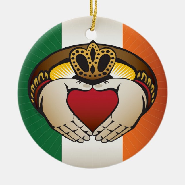 Irish Flagga med Claddagh Ring Julgransprydnad Keramik (Framsidan)