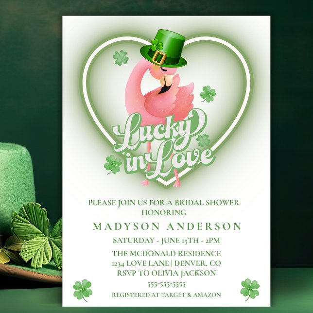 Irish Flamingo Lucky in Kärlek Möhippa Inbjudningar (Irish Flamingo Lucky In Love Bridal Shower Invitation)