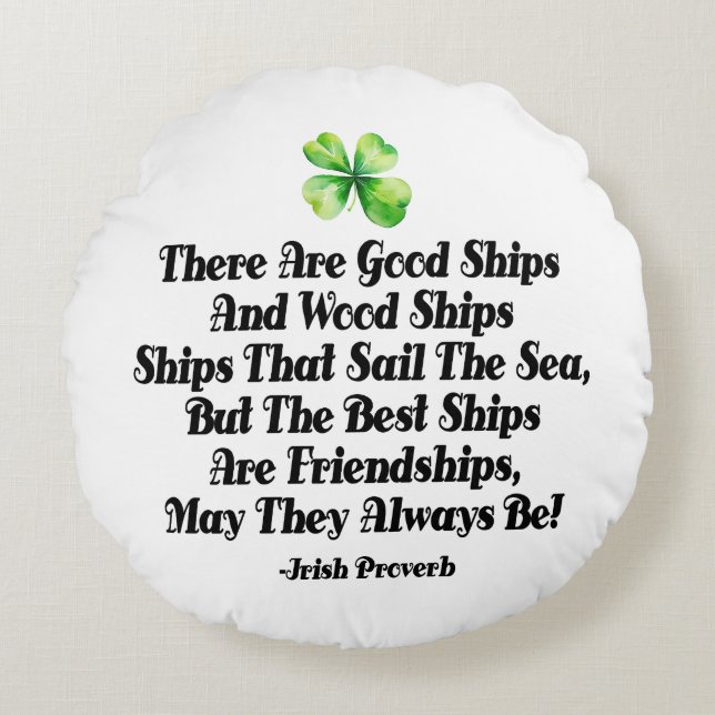 Irish Friendship Ships Proverb Four Leaf Clover  Rund Kudde (Framsidan)