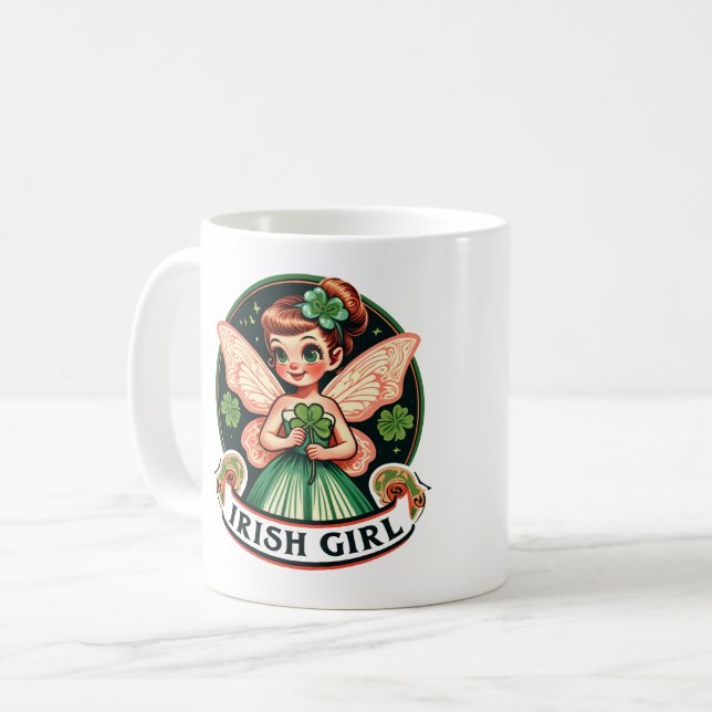 Irish Girl Fairy Grönt Shamrocks St. Patrick's Day Kaffemugg (Framsida vänster)