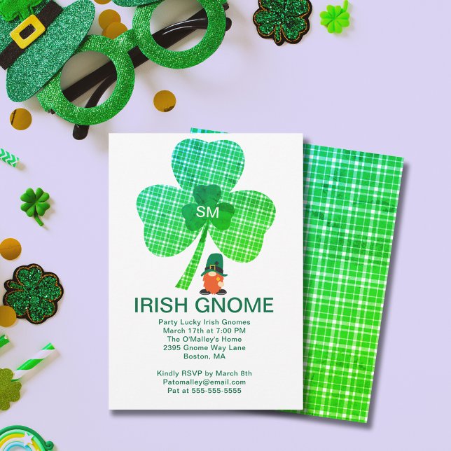 Irish Gnome Monogram Shamrock St Patricks Inbjudan (Irish Gnome Monogram Shamrock St Patrick's Invite)