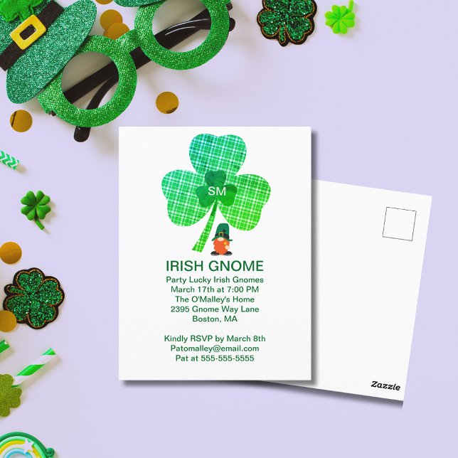 Irish Gnome Monogram Shamrock St Patricks Vykort (Zazzle Irish Gnome Monogram Shamrock St Patrick's Postcard (Front))