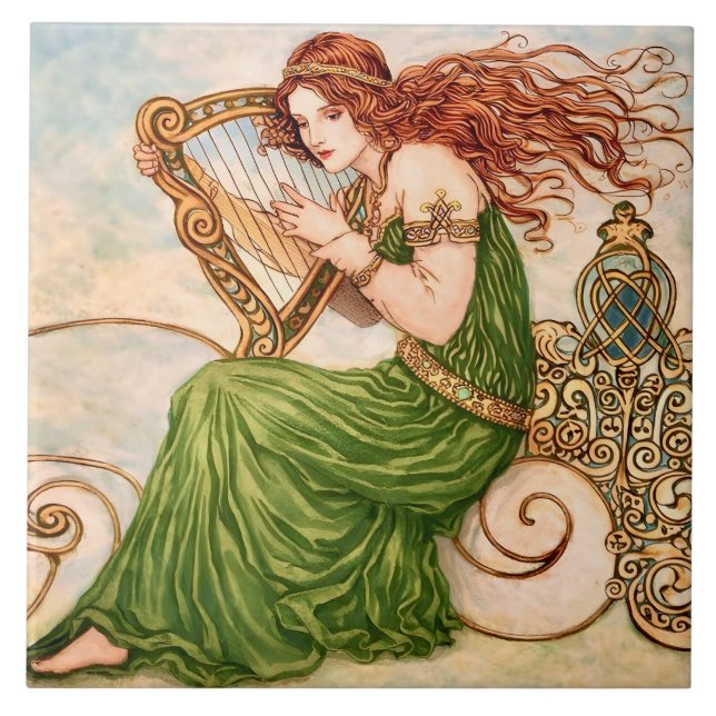 Irish Goddess Playing Harp – Celtic Art Nouveau  Kakelplatta (Framsidan)