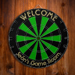 Irish Grönt Black Anpassningsbar Metall Cage Dorm  Darttavla<br><div class="desc">Skapa din egen anpassningsbar, personlig, roligt, coola, snyggt, irländsk grönt och svart färg, storlek (18" diameter, 1" h) aluminiumbur för ram metall. Den kommer med sex pilgrimsmördare (3 amerikanska flagga och 3 brittiska startsflyg). Du kan montera den var som helst - ovanför din papperskorgen på jobbet eller på ditt sovrum/din...</div>