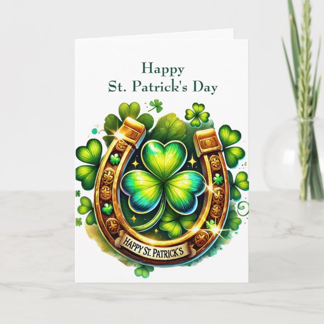 Irish Grönt Horseshoe Shamrocks Illustration Helgkort (Framsida)