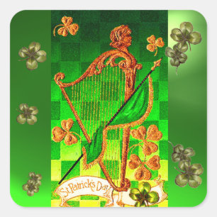 IRISH HARP, GRÖNT GULD SHAMROCKS St patrick's day Fyrkantigt Klistermärke