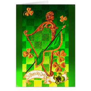 IRISH HARP, GRÖNT GULD SHAMROCKS St patrick's day Hälsningskort