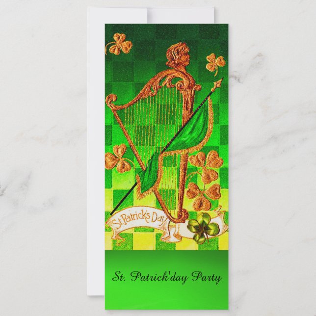 IRISH HARP, GRÖNT GULD SHAMROCKS St patrick's day Inbjudningar (Framsida)