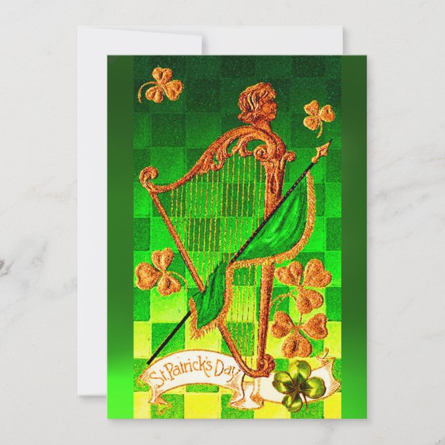 IRISH HARP, GRÖNT GULD SHAMROCKS St patrick's day Inbjudningar (Framsida)