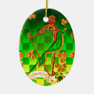 IRISH HARP, GRÖNT GULD SHAMROCKS St patrick's day Julgransprydnad Keramik