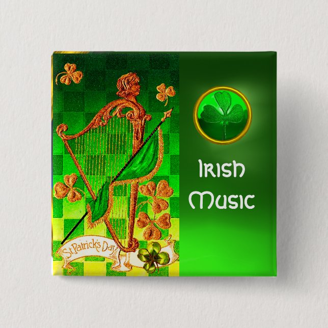 IRISH HARP, GRÖNT GULD SHAMROCKS St patrick's day Knapp (Framsida)