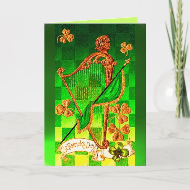IRISH HARP, GRÖNT GULD SHAMROCKS St patrick's day Kort (Framsida)