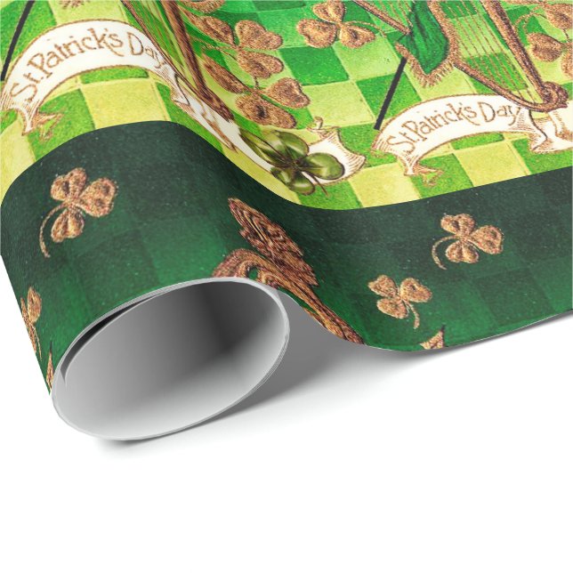 IRISH HARP, GRÖNT GULD SHAMROCKS St patrick's day Presentpapper (Rullad Hörn)