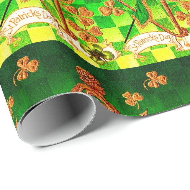 IRISH HARP, GRÖNT GULD SHAMROCKS St patrick's day Presentpapper (Rullad Hörn)