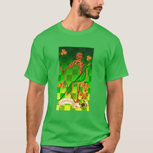 IRISH HARP, GRÖNT GULD SHAMROCKS St patrick's day T Shirt (Framsida)