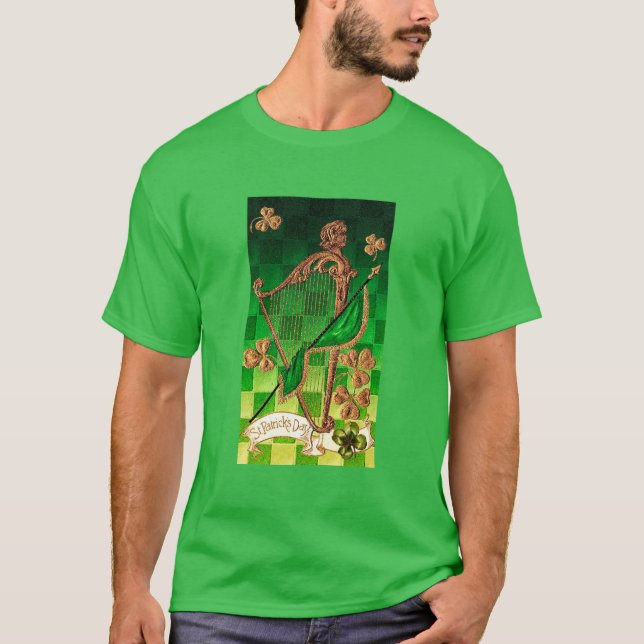 IRISH HARP, GRÖNT GULD SHAMROCKS St patrick's day Tee (Framsida)