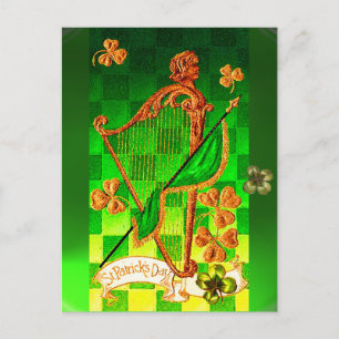 IRISH HARP, GRÖNT GULD SHAMROCKS St patrick's day Vykort