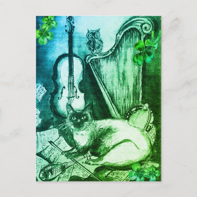 Irish Harp och St.Patrick's Day Cat Skapar Music Vykort (Framsida)