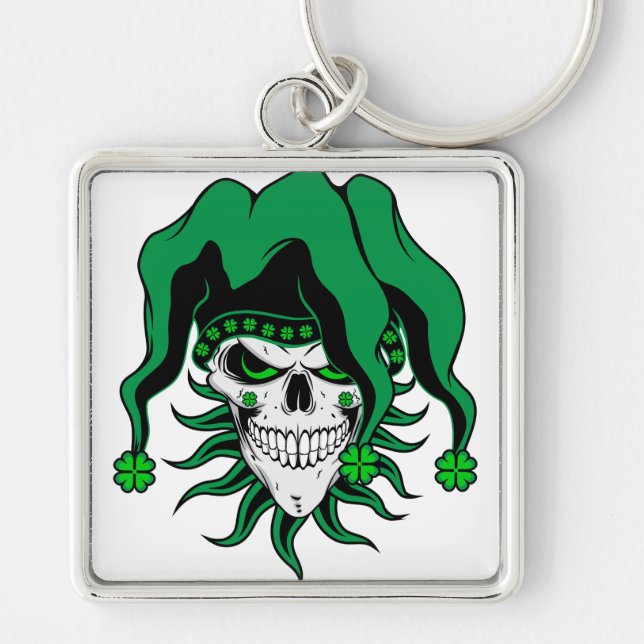 Irish Jester Skull Fyrkantig Silverfärgad Nyckelring (Framsidan)