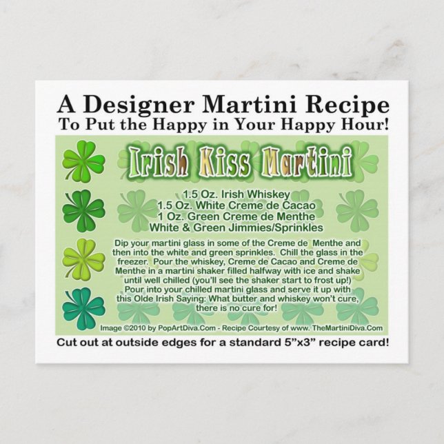 Irish Kiss St. Patrick's Day Martini Recipe Card Vykort (Framsida)