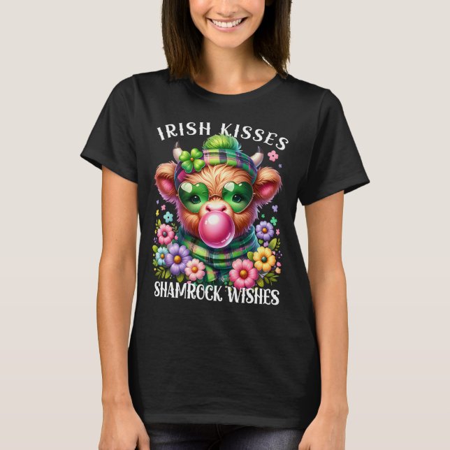 Irish Kisses Shamrock Önskemål Highland Cow Bubble T Shirt (Framsida)