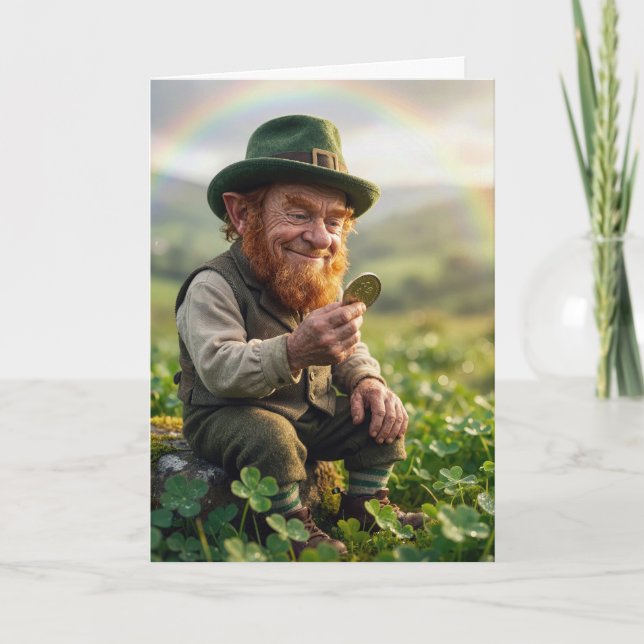Irish Leprechaun Admiring a Gold Coin Kort (Framsida)