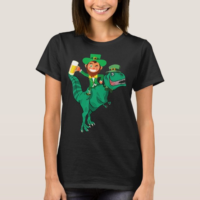 Irish Leprechaun Riding Dinosaur Beer Älskare St P T Shirt (Framsida)