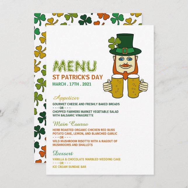 Irish Leprechaun, St patrick's day Menu Card Inbjudningar (Fram/baksida)