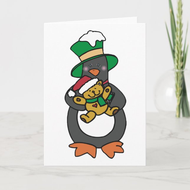 Irish Penguin Holding Christmas Teddy Bear Kort (Framsida)