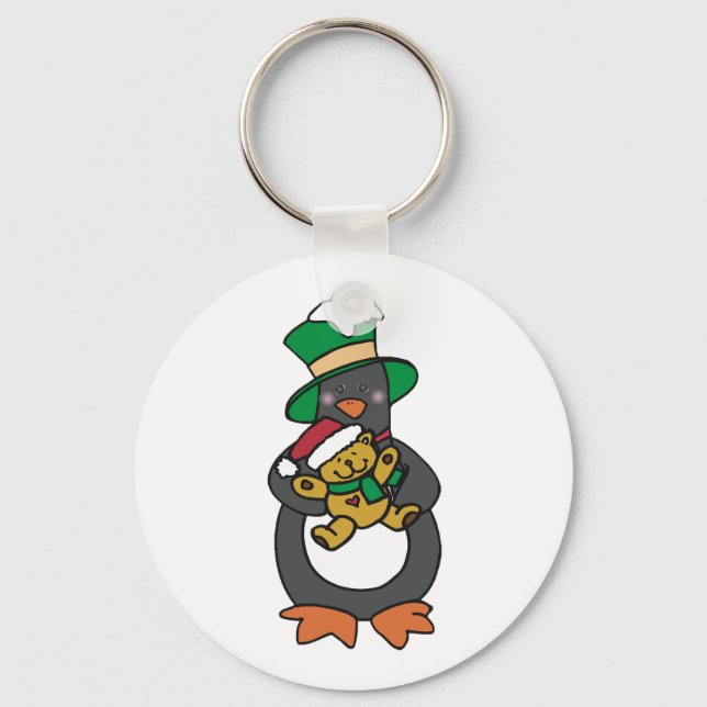 Irish Penguin Holding Christmas Teddy Bear Nyckelring (Framsida)