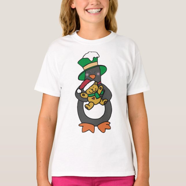 Irish Penguin Holding Christmas Teddy Bear T Shirt (Framsida)