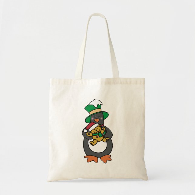 Irish Penguin Holding Christmas Teddy Bear Tygkasse (Framsidan)