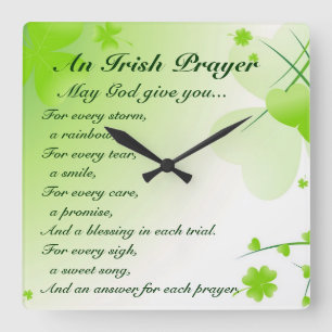 Irish Prayer, Hearts and Shamrocks Fyrkantig Klocka