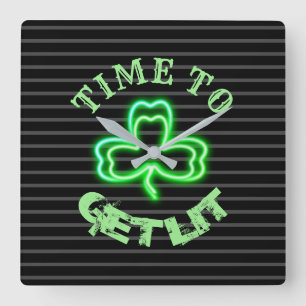 Irish Pub Black Grönt Shamrock Neon Clock Fyrkantig Klocka