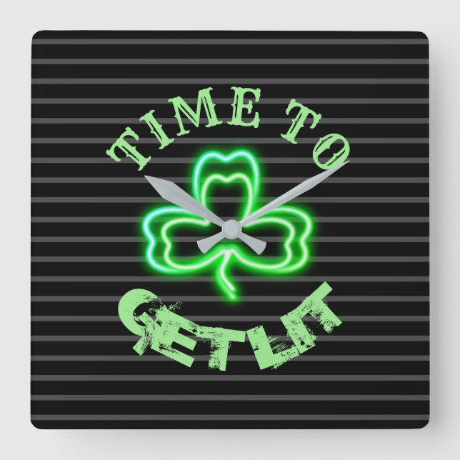 Irish Pub Black Grönt Shamrock Neon Clock Fyrkantig Klocka (Framsida)