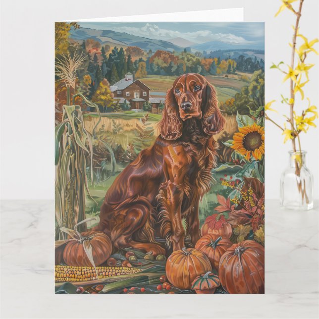 Irish Red Setter Hund Autumn Harvest Thanksgiving Kort (Gul blomma)
