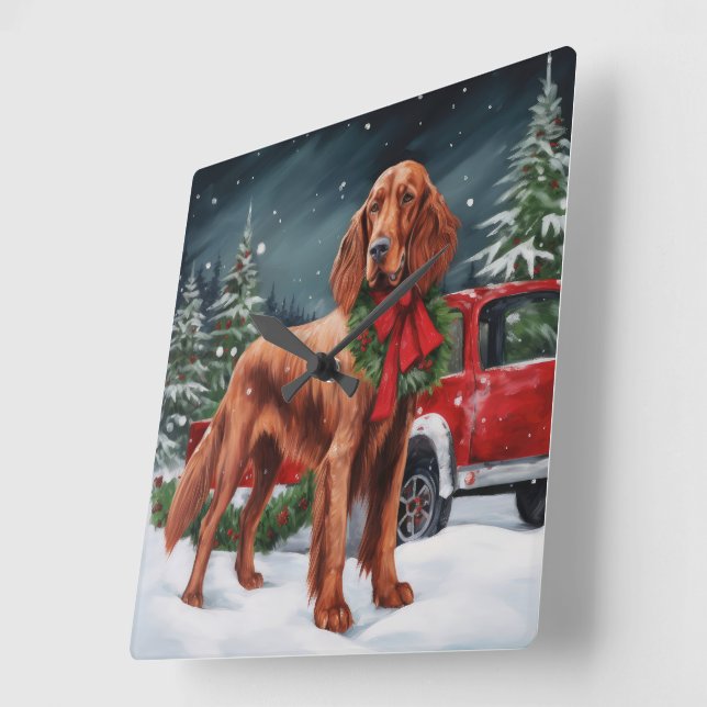 Irish Red Setter Hund i Snö jul Fyrkantig Klocka (Vinkel)