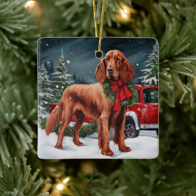 Irish Red Setter Hund i Snö jul Julgransprydnad Keramik (Träd)