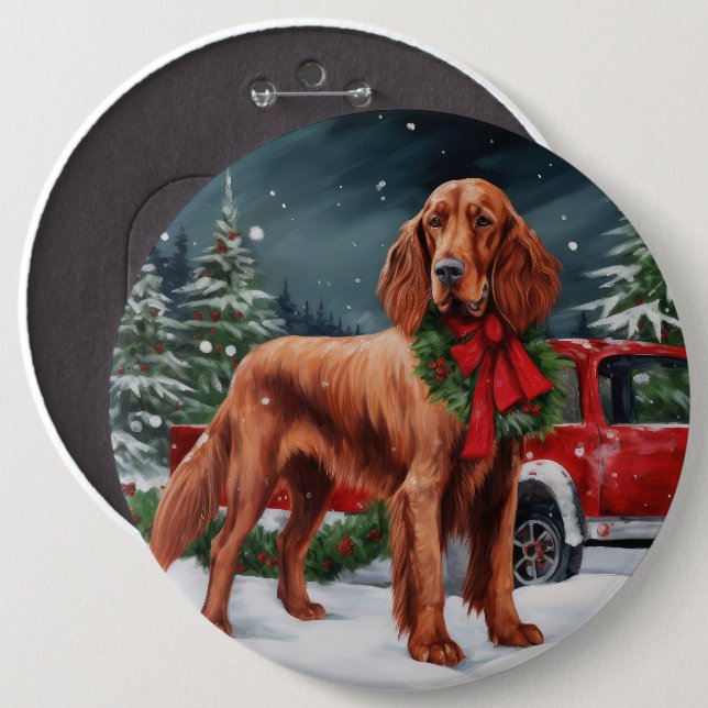 Irish Red Setter Hund i Snö jul Knapp (Framsida & baksida)
