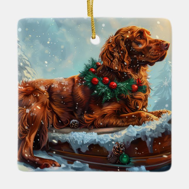 Irish Red Setter Hund jul Festive Julgransprydnad Keramik (Framsida)
