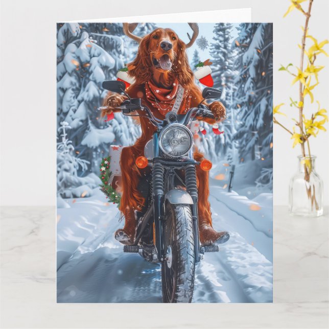 Irish Red Setter Hund Riding Motorcycle jul jul Kort (Gul blomma)