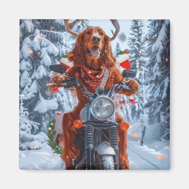 Irish Red Setter Hund Riding Motorcycle jul jul Magnet (Framsidan)
