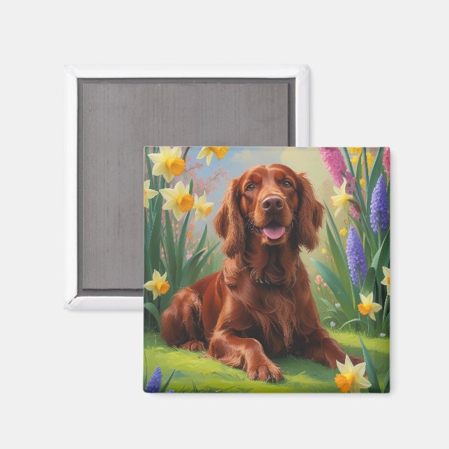 Irish Red Setter Hund Vår blommor Painting Magnet (Front/Back)
