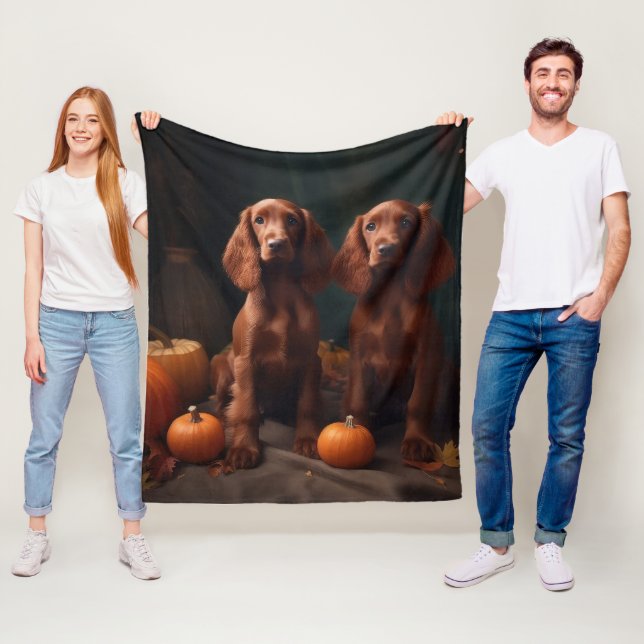Irish Red Setter Puppy Autumn Delight Pumpkin Fleecefilt (På plats)