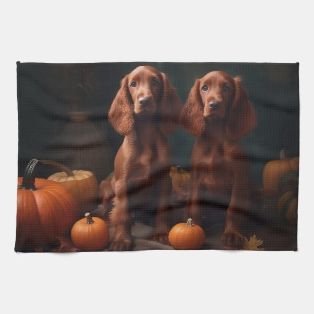 Irish Red Setter Puppy Autumn Delight Pumpkin Kökshandduk (Horisontell)
