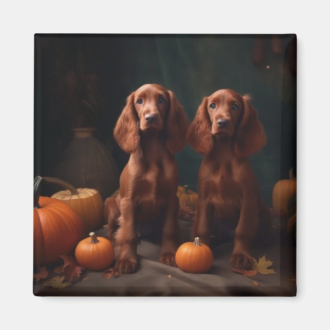 Irish Red Setter Puppy Autumn Delight Pumpkin Magnet (Framsidan)