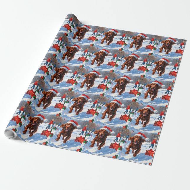 Irish Red Setter Running Snö med julklapp Presentpapper (Utrullad)