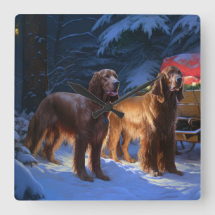 Irish Red Setter Snowy Sleigh juldeeller Fyrkantig Klocka
