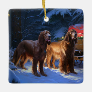 Irish Red Setter Snowy Sleigh juldeeller Julgransprydnad Keramik