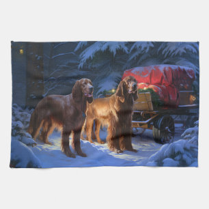 Irish Red Setter Snowy Sleigh juldeeller Kökshandduk